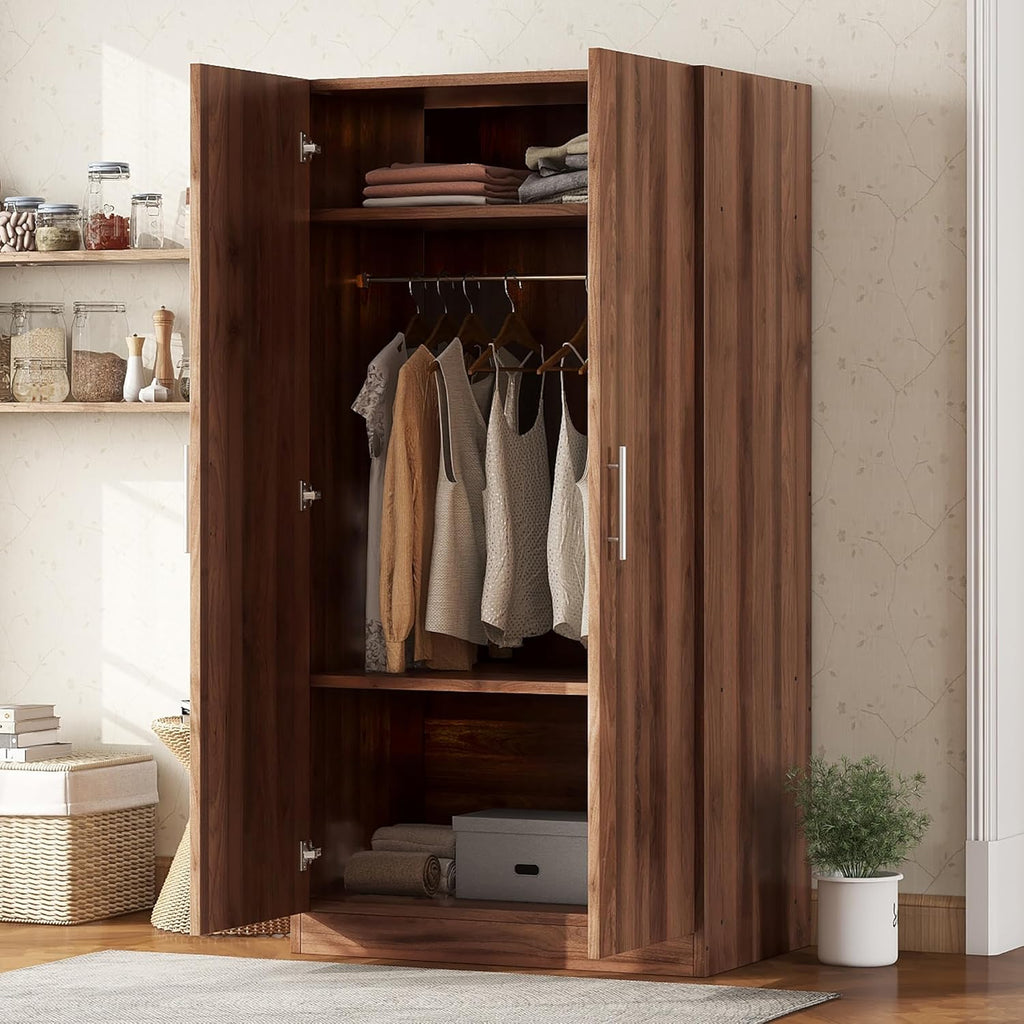 2-Door Wooden Wardrobe Armoire with 3 Adjustable Shelves and Hanging Rod, Brown M412820