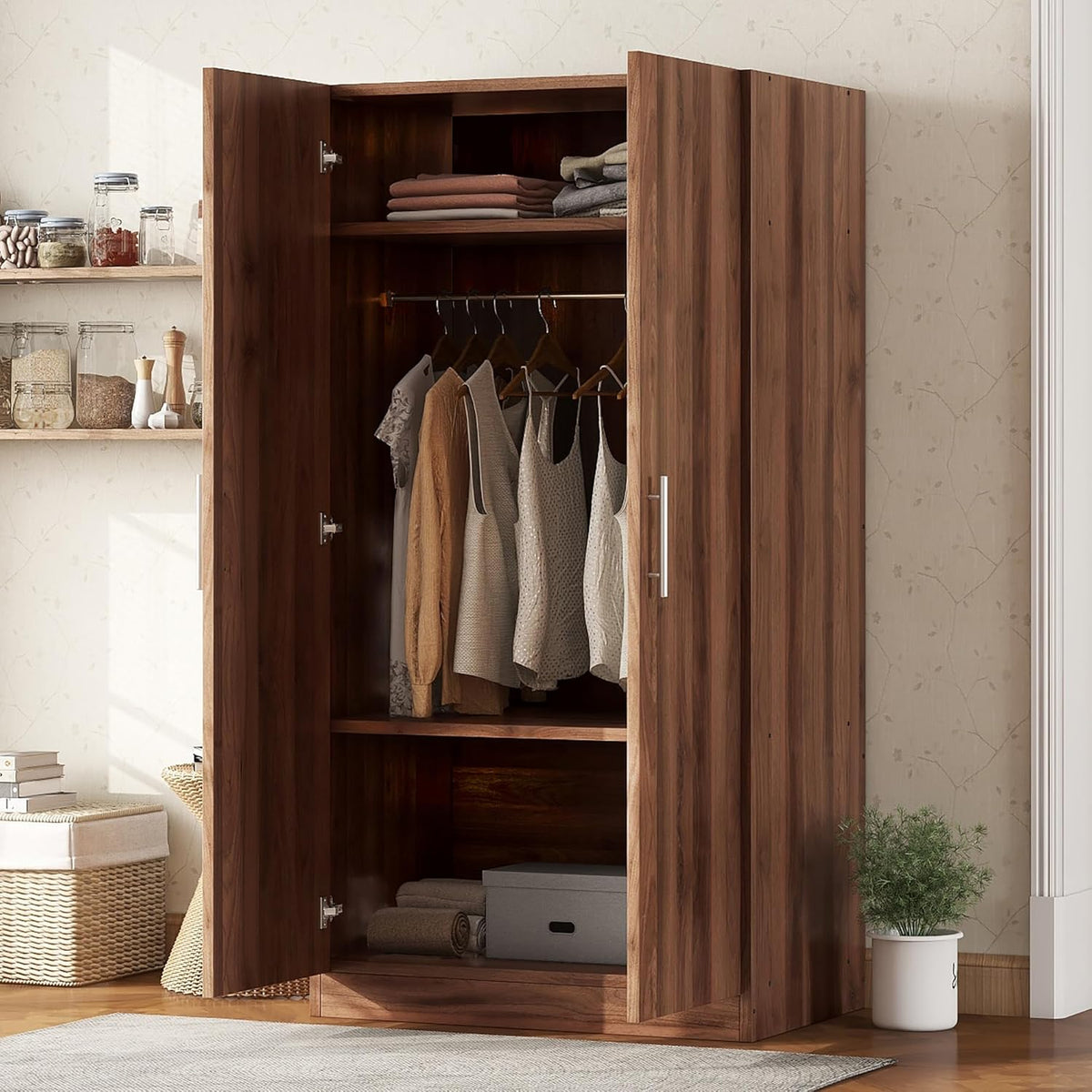 2-Door Wooden Wardrobe Armoire with 3 Adjustable Shelves and Hanging Rod, Brown M412820