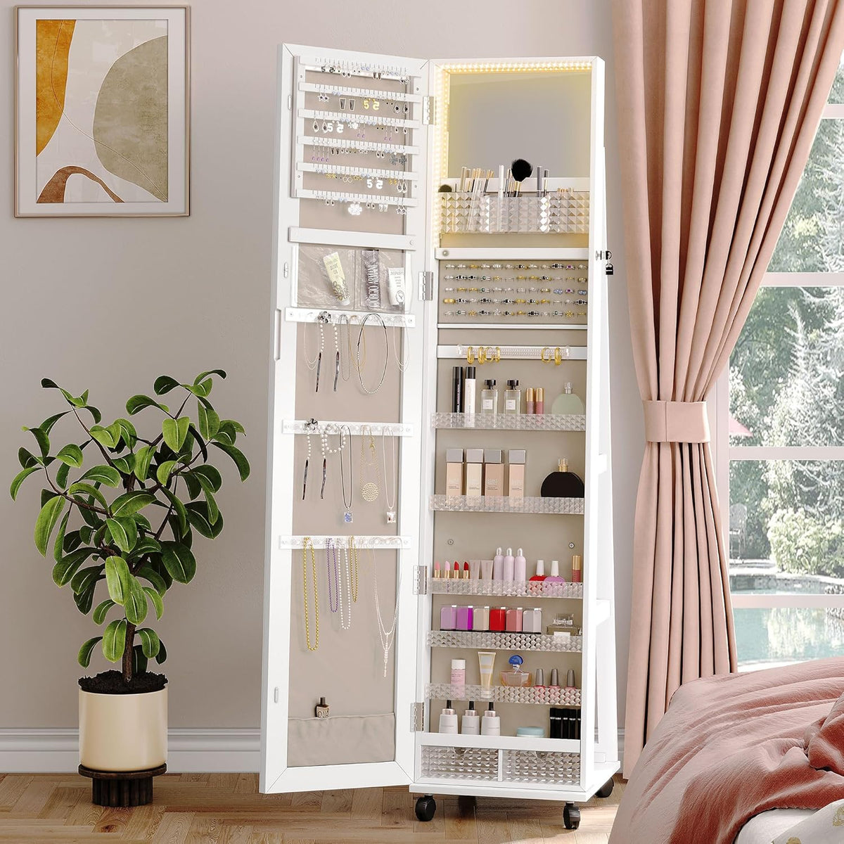 White Full Length Mirror Jewelry Cabinet with Lights J904