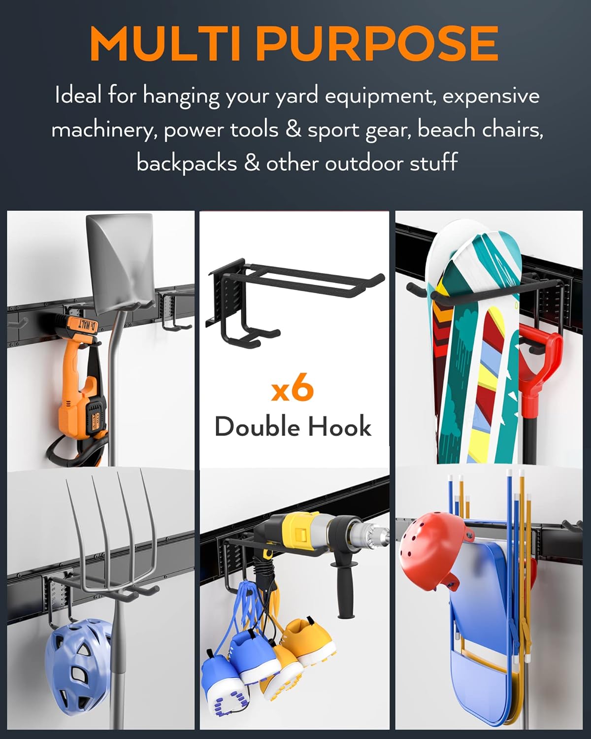 48 Inch Wall Mounted Tool Storage Rack with 6 Adjustable Hooks and 3 Rails Pack of 2 A7961