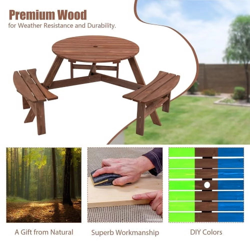 6-Person Circular Outdoor Wooden Picnic Table with 3 Built-in Benches D69791