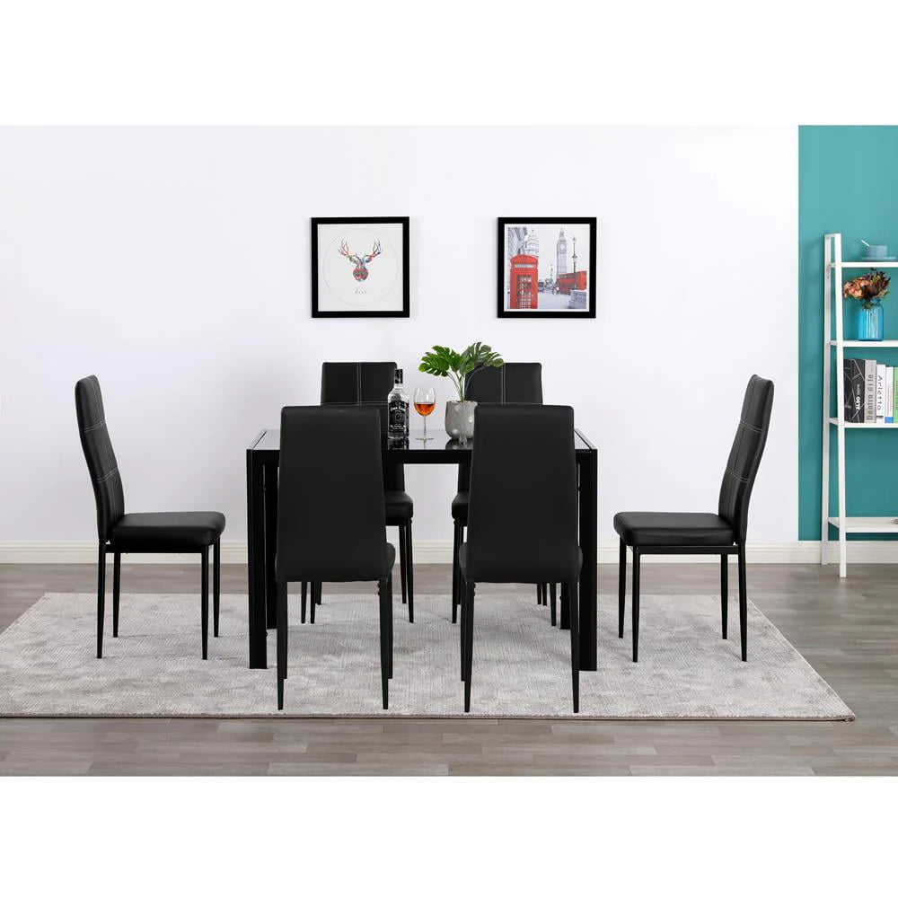 Black 7 Piece Glass Metal Dining Set K92412
