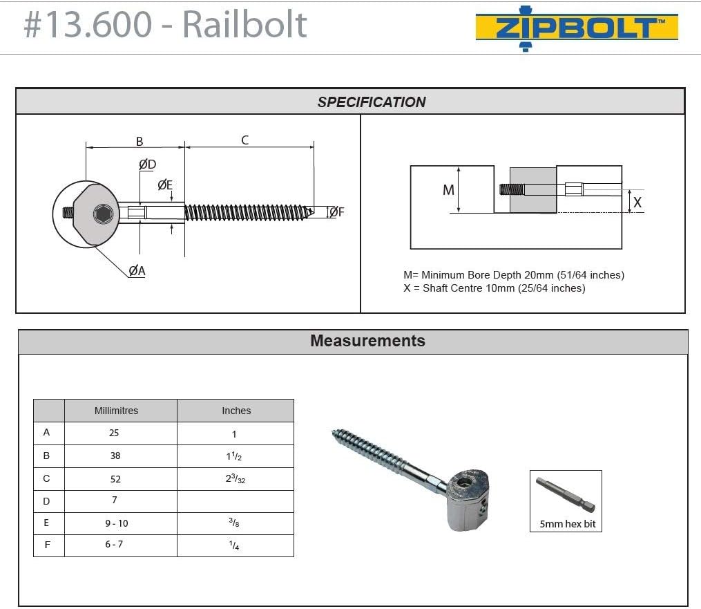 Railbolt Staircase Handrail to Fittings Connector, 10 Bulk Pack Pack of 2 N63439
