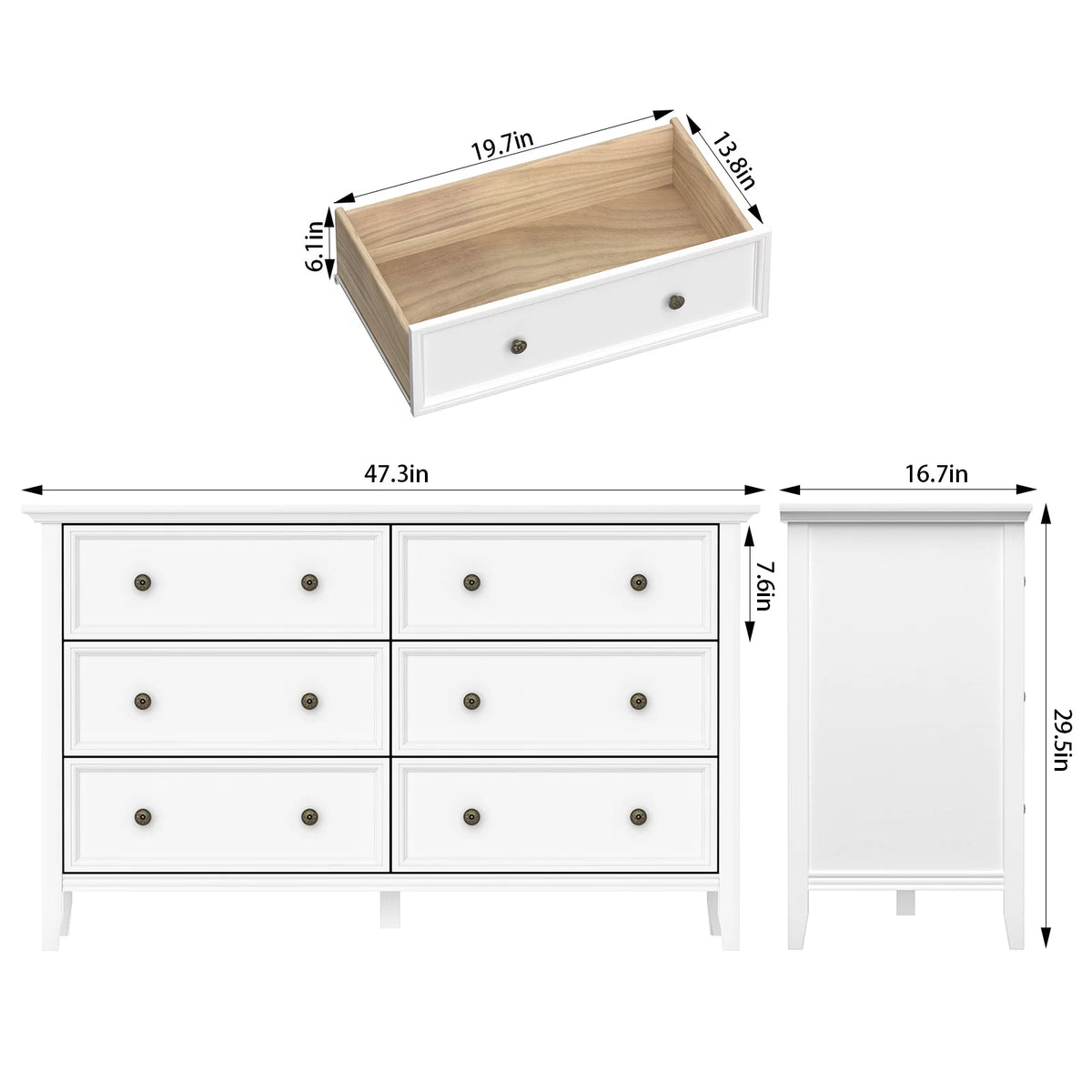 White 6 Drawer Solid Wood Dresser I652154