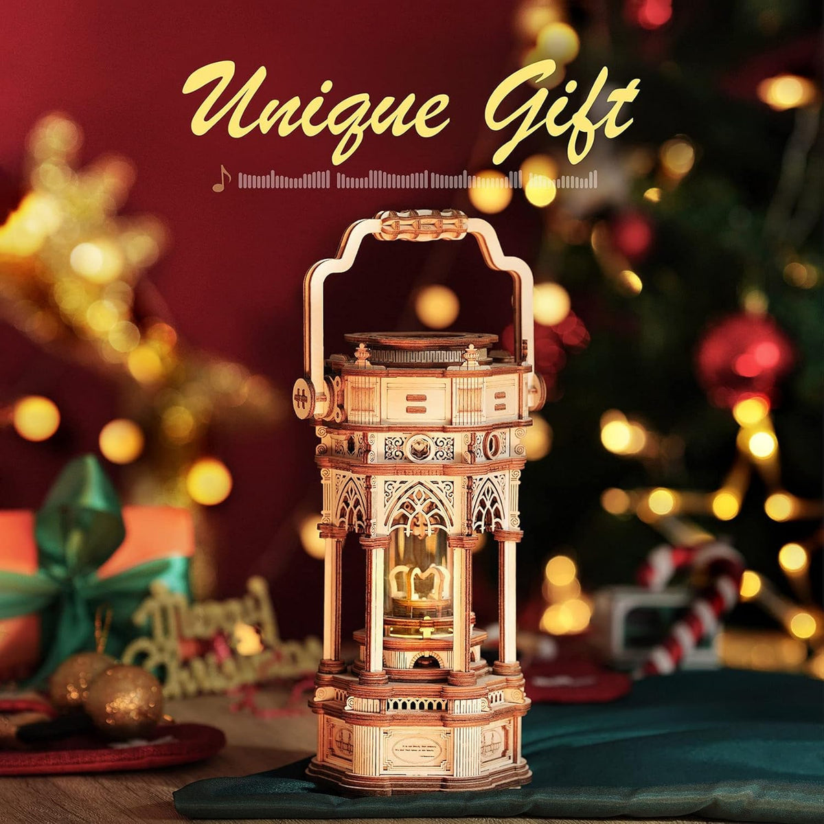 3D Wooden Puzzles Mechanical Music Box DIY Rotating Vintage LED Lantern 11.8 S4576
