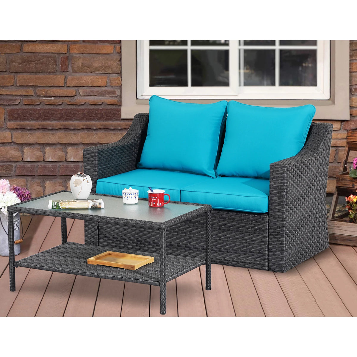 Gray Rattan Patio Loveseat with Glass Table B7611