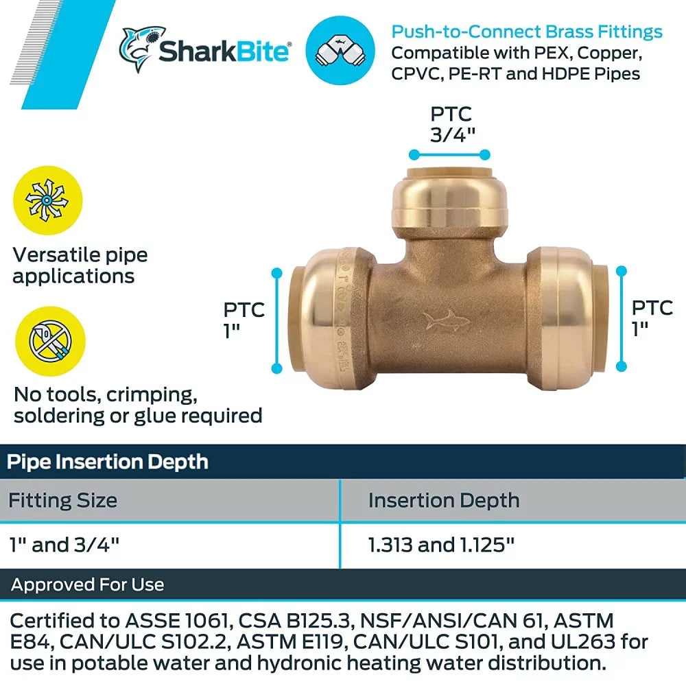 1 in. Push x 1 in. Dia. Brass Reducing Tee W171