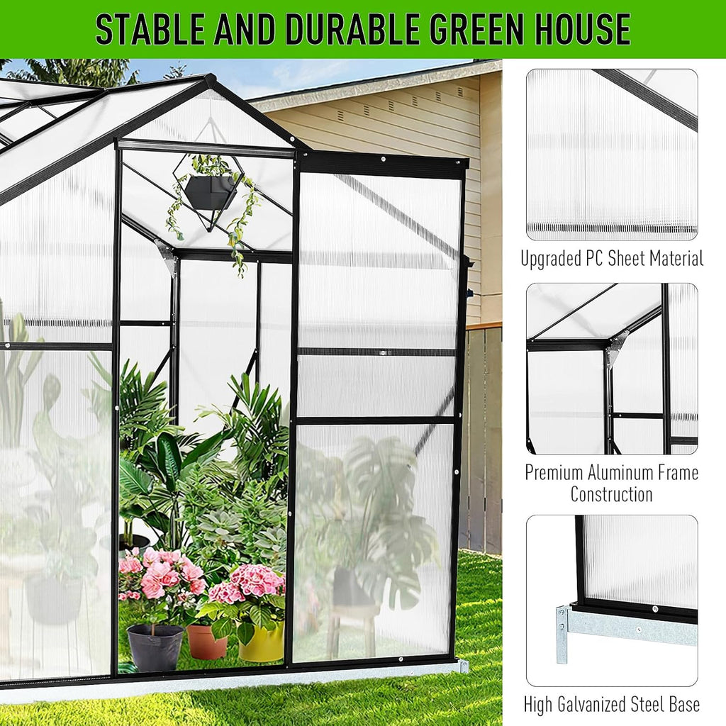 10x6 FT Polycarbonate Greenhouses with Sliding Door and Adjustable Vent Window, Black U3253