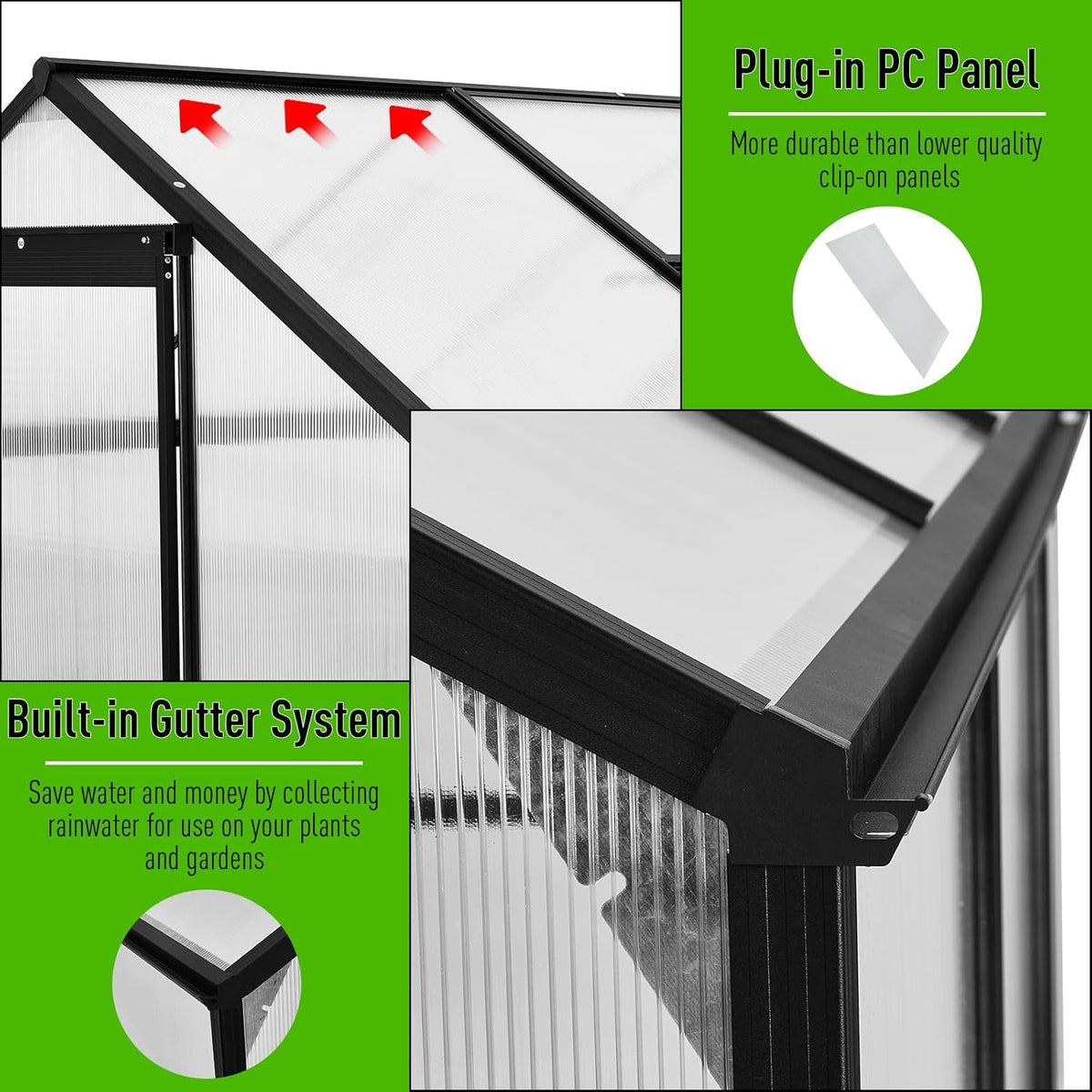 10x6 FT Polycarbonate Greenhouses with Sliding Door and Adjustable Vent Window, Black U3253