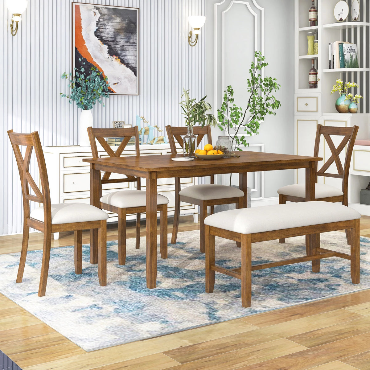 6-Piece Dining Table Set with 4 Upholstered Chairs and Bench Z405