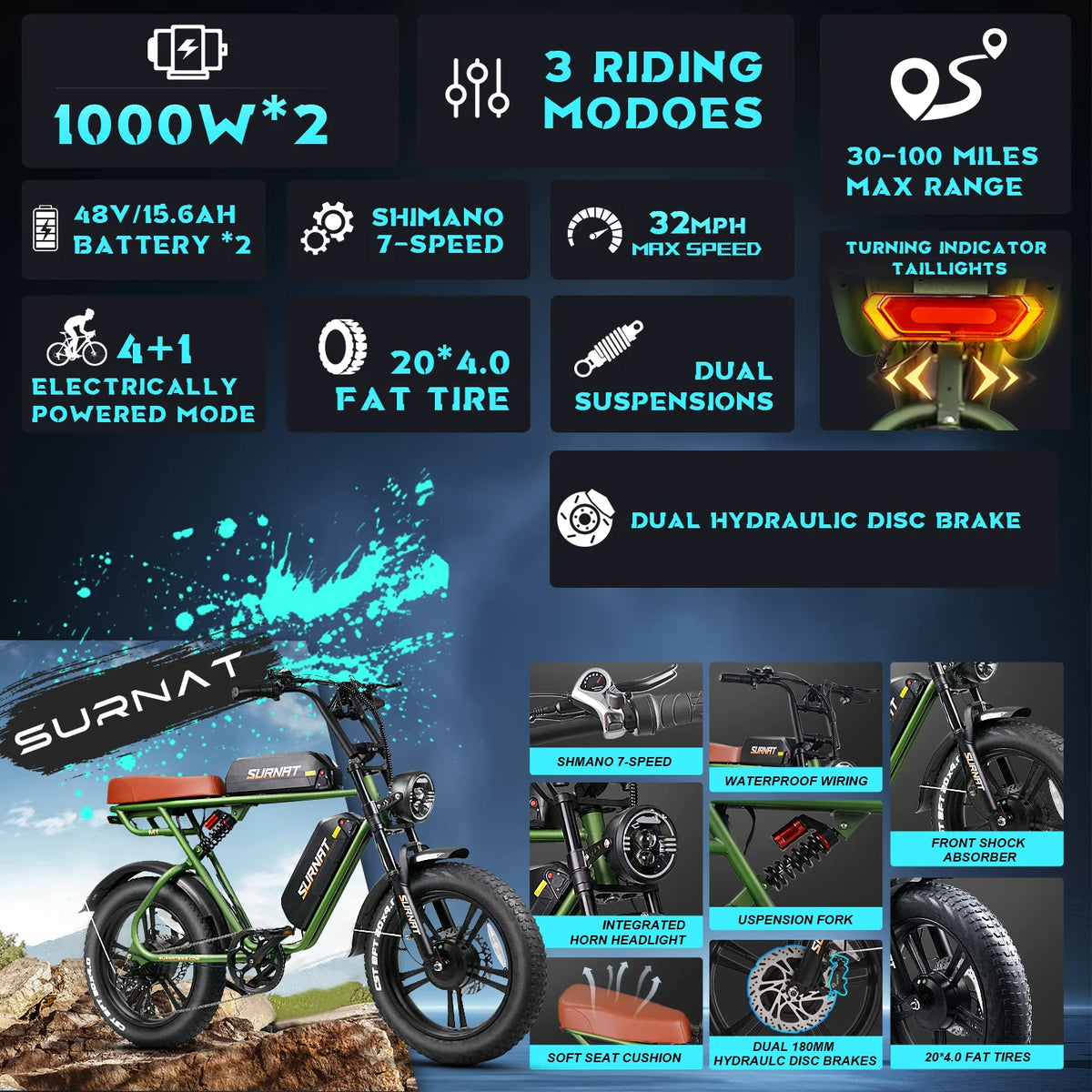 20" Dual Motor 2000W Fat Tire Electric Bike M51495