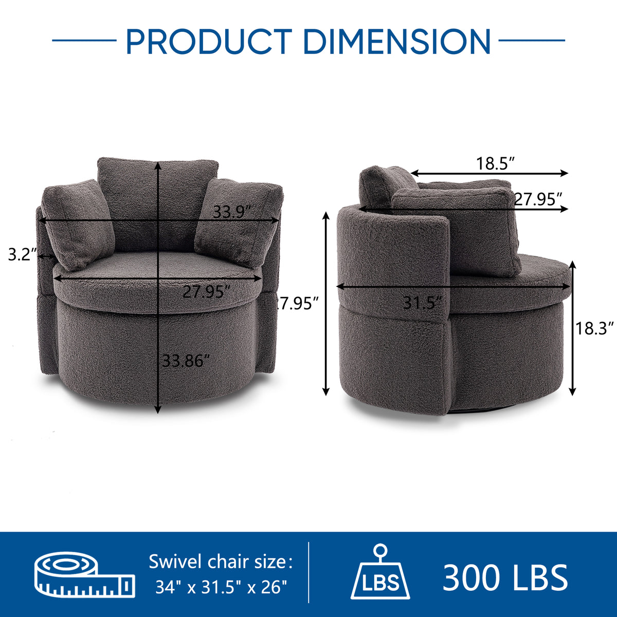 Dark Gray Teddy Velvet Swivel Accent Chair with Storage H981716