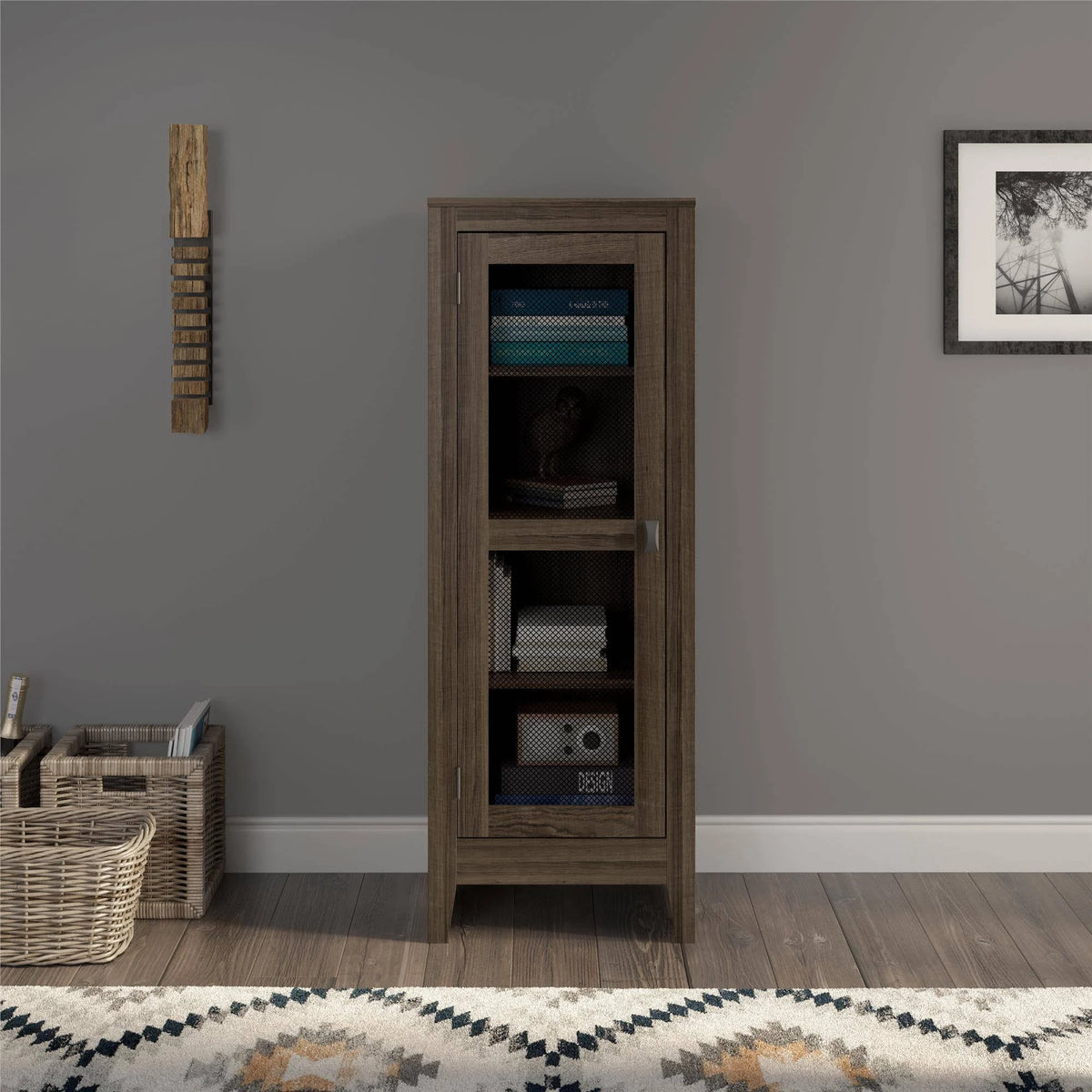 Dark Oak Storage Cabinet with Mesh Door Z478972