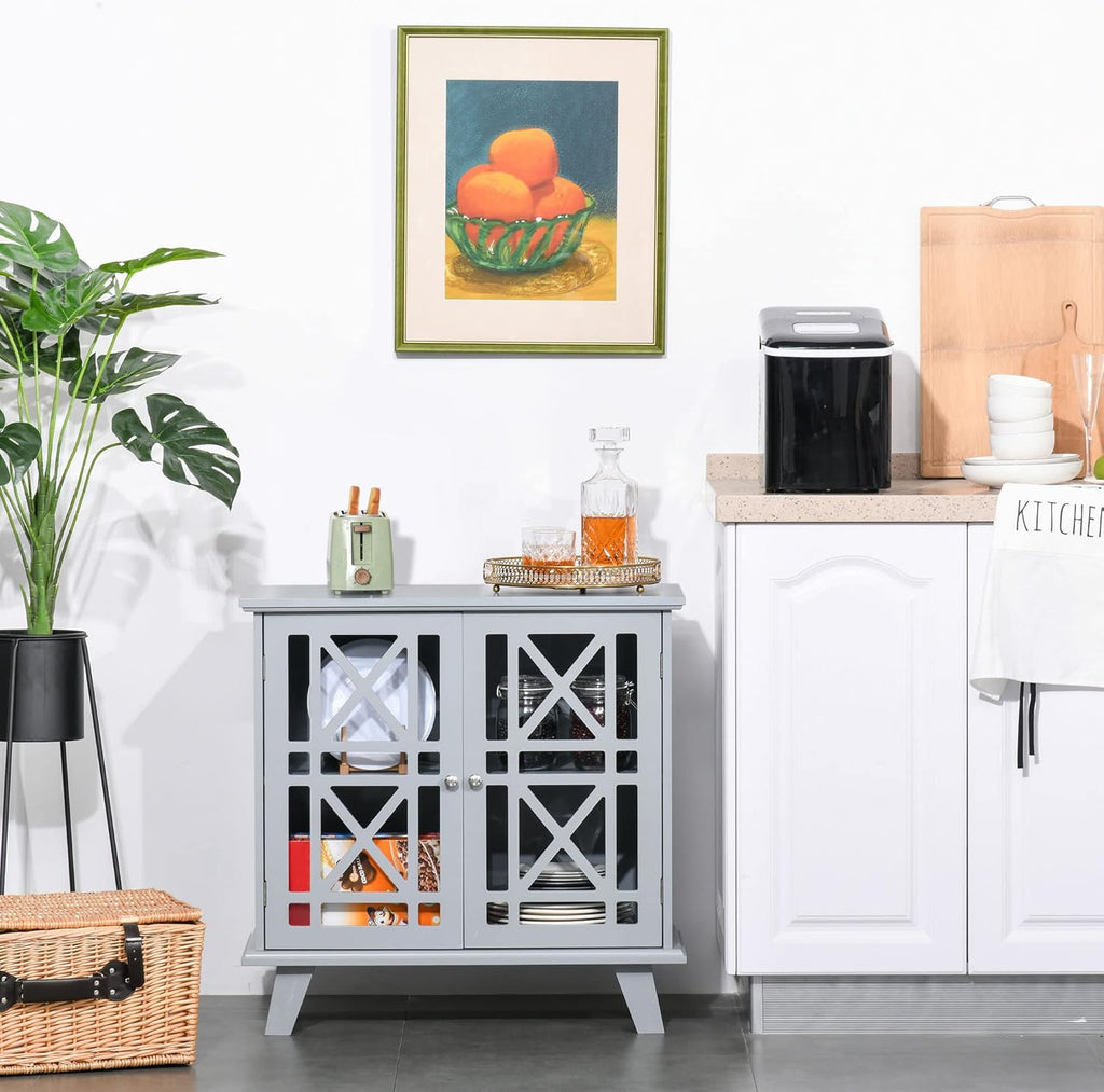 Grey Wood Sideboard Cabinet with Fretwork Doors N9845