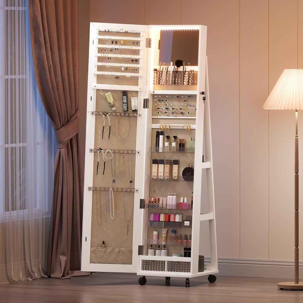 White Full Length Mirror Jewelry Cabinet with Lights J904