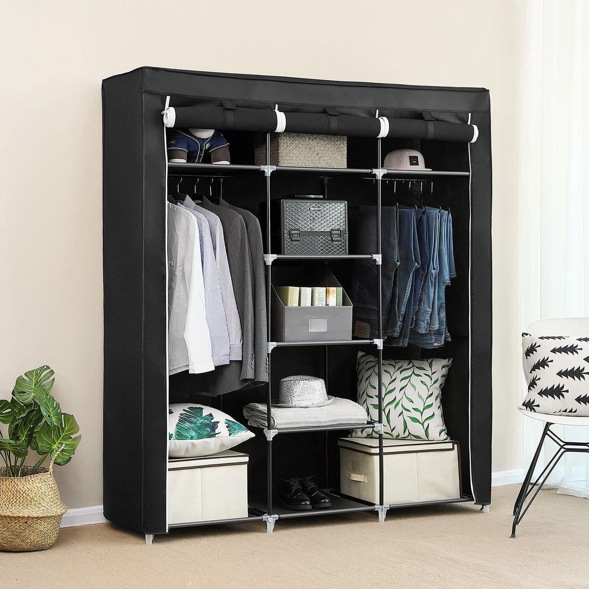 69'' Black Portable Closet Wardrobe with Metal Shelves P234