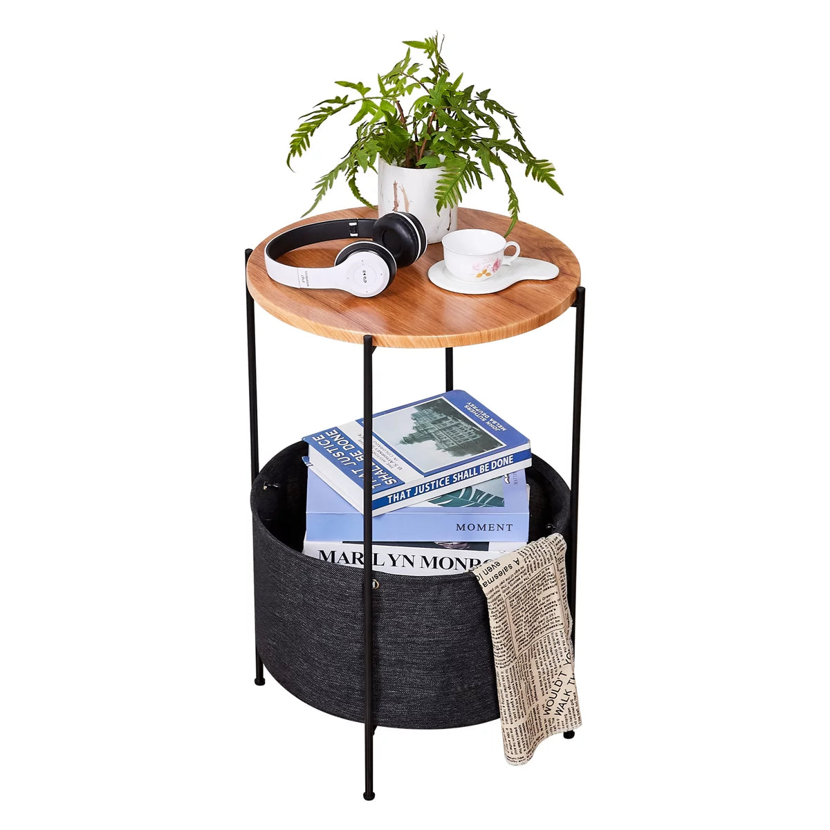 Round Wood Bedside Table with Storage Basket J496