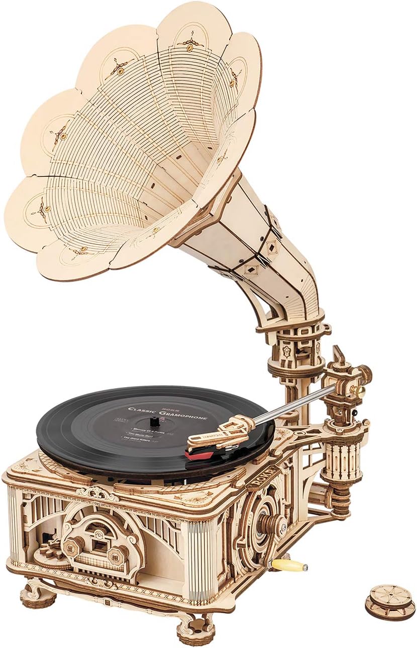3D Wooden Puzzles Record Player DIY Mechanical Gramophone A1338