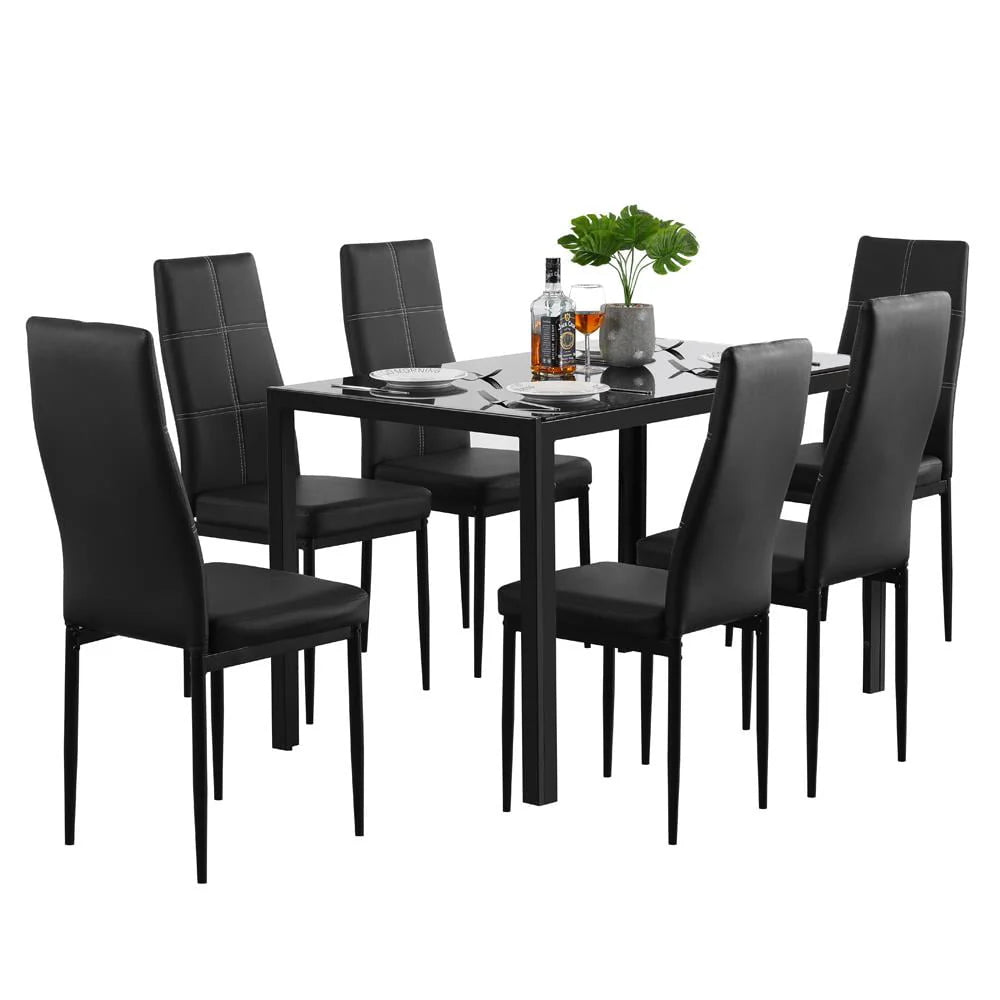 Black 7 Piece Glass Metal Dining Set K92412