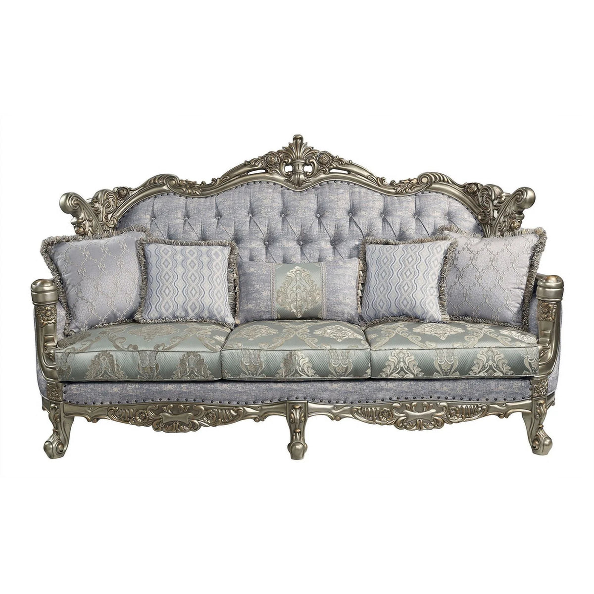 Tufted Fabric & Wood Sofa with 5 Pillows in Gray/Bronze Q135