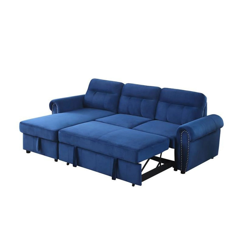 Blue Velvet Reversible Sleeper Sectional Sofa Chaise Q309044