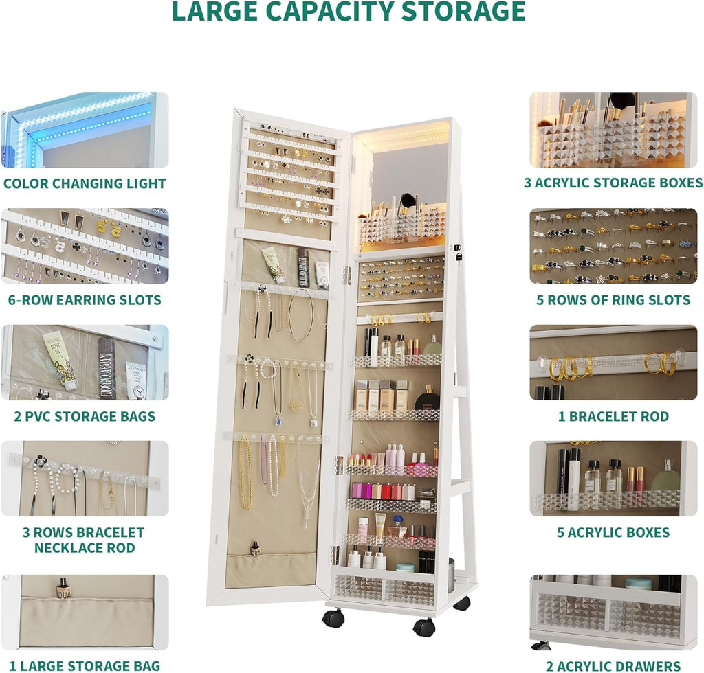 White Full Length Mirror Jewelry Cabinet with Lights J904