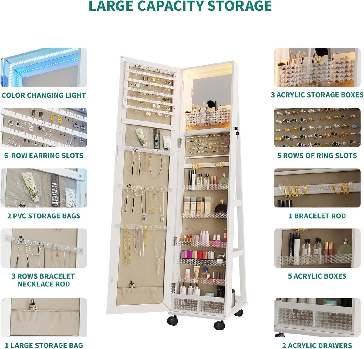 White Full Length Mirror Jewelry Cabinet with Lights J904