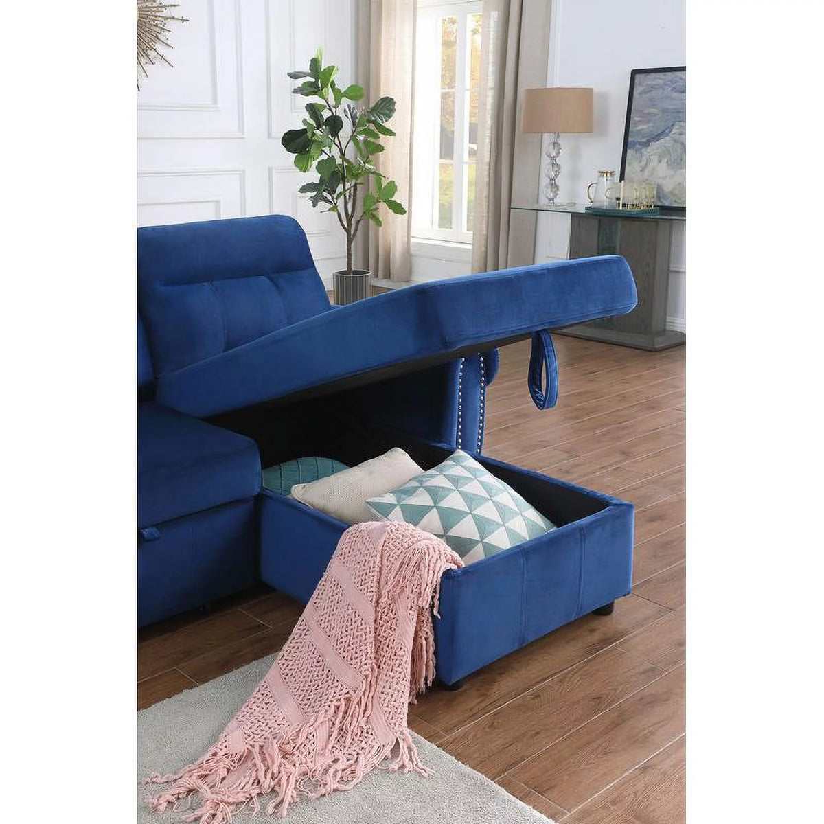 Blue Velvet Reversible Sleeper Sectional Sofa Chaise Q309044