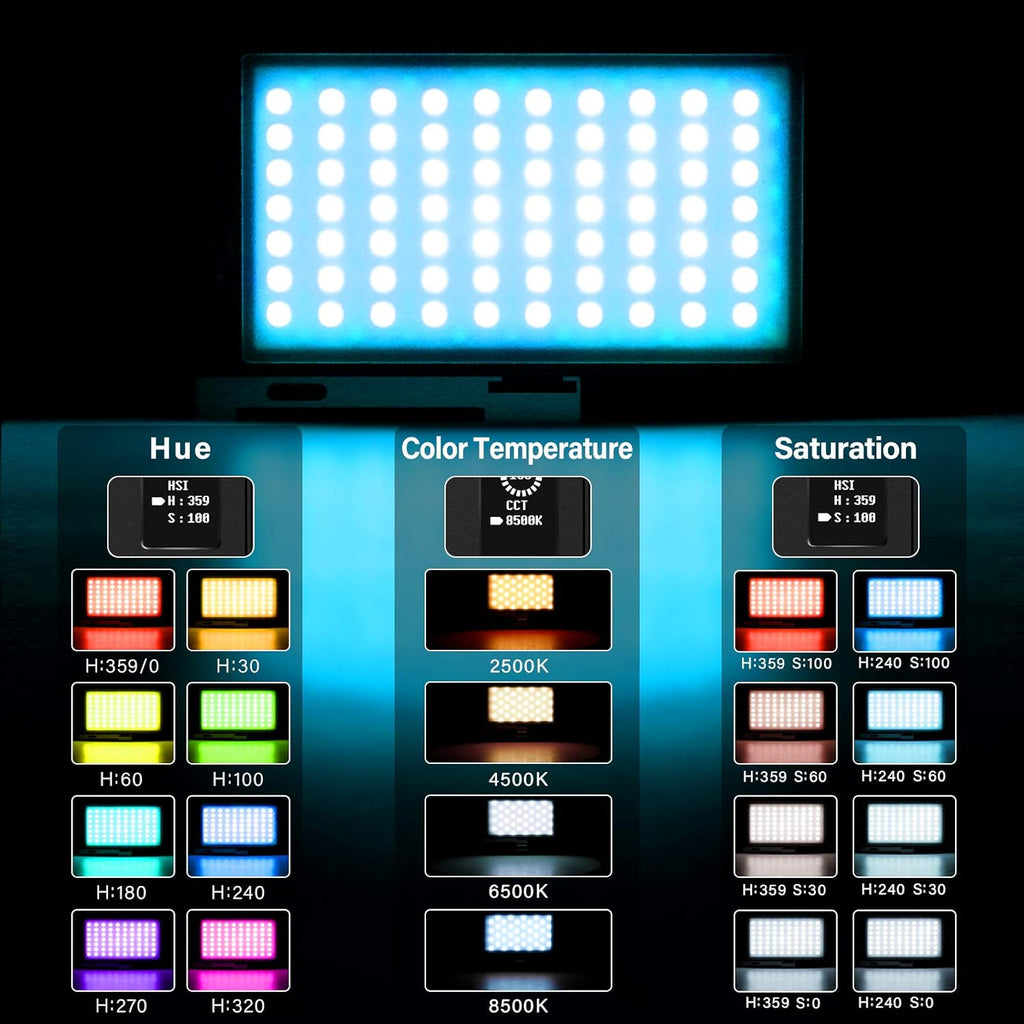 RGB Video Lighting with Portable Tripod Stand, LED Camera Light Kit, 8500K Light Panel with Aluminum Alloy Body D108