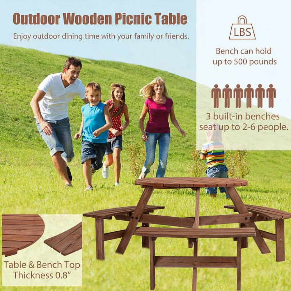 6-Person Circular Outdoor Wooden Picnic Table with 3 Built-in Benches D69791
