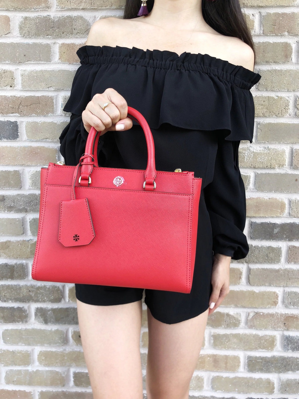 Small Double Zip Tote Satchel Crossbody Bag Poppy Orange Red X92151