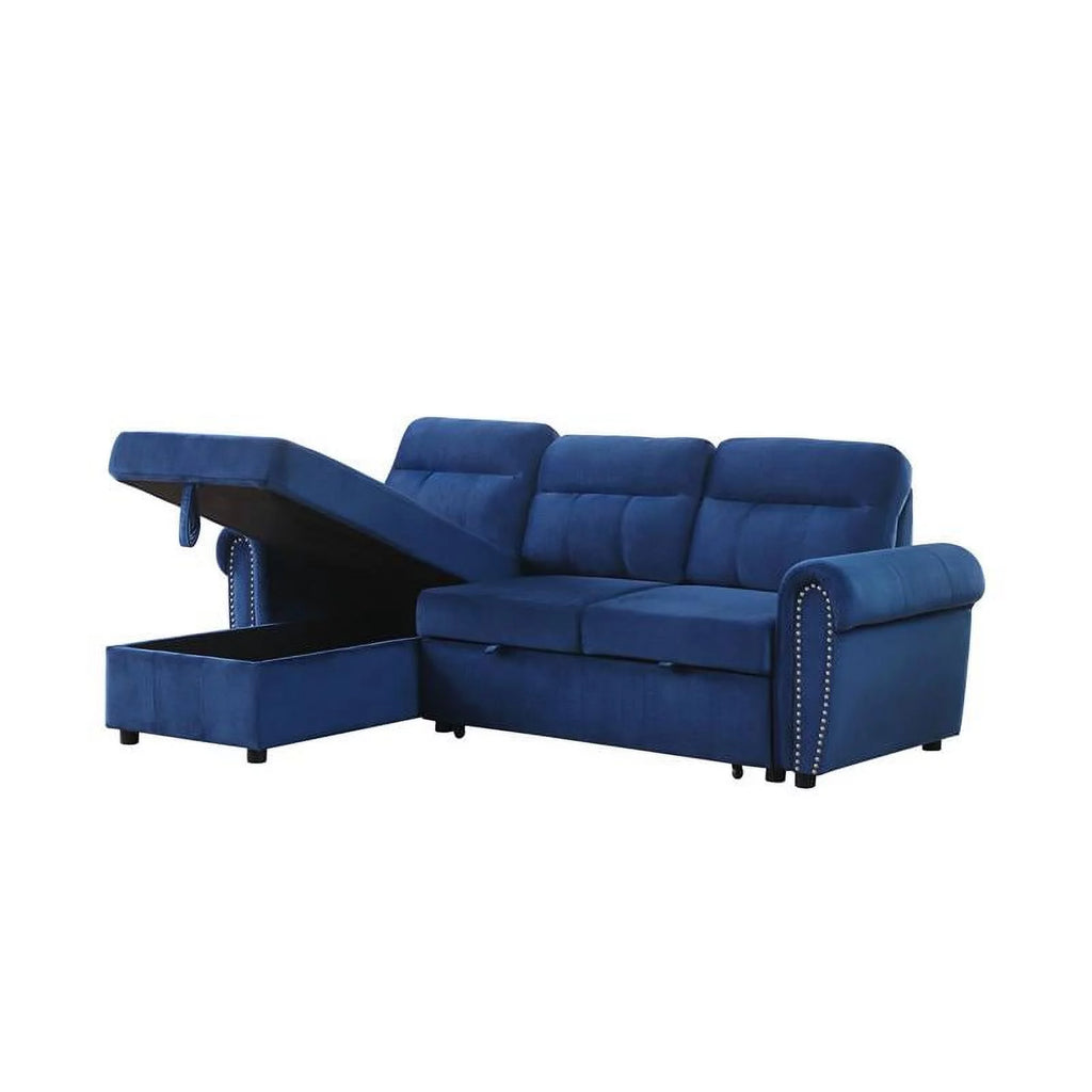 Blue Velvet Reversible Sleeper Sectional Sofa Chaise Q309044