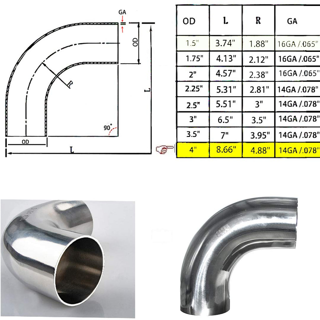 Stainless 4" 90 Degree Mandrel Bend Elbow 14GA .078" Wall 1.5" Leg SS304 Pack of 2 T82536