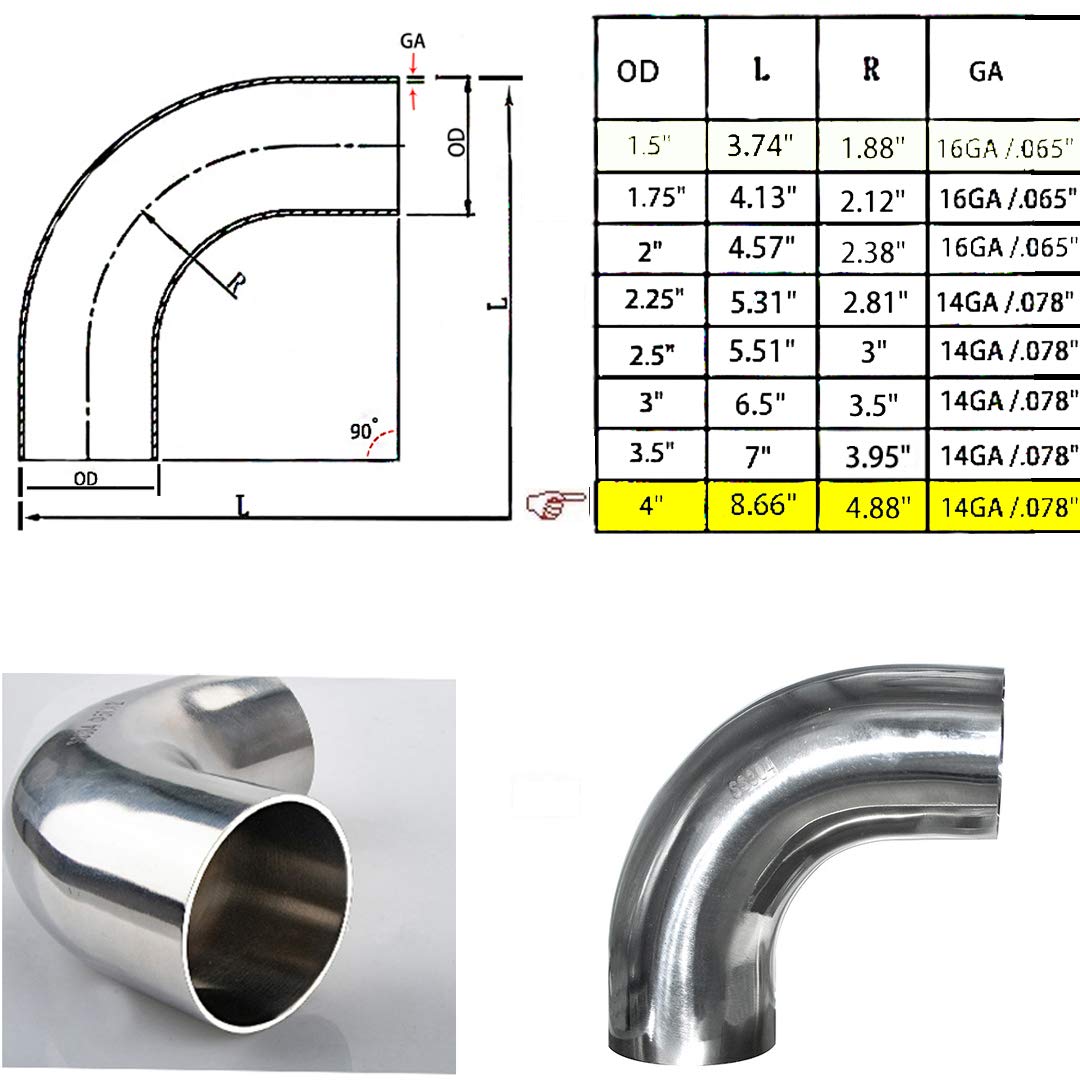 Stainless 4" 90 Degree Mandrel Bend Elbow 14GA .078" Wall 1.5" Leg SS304 Pack of 2 T82536