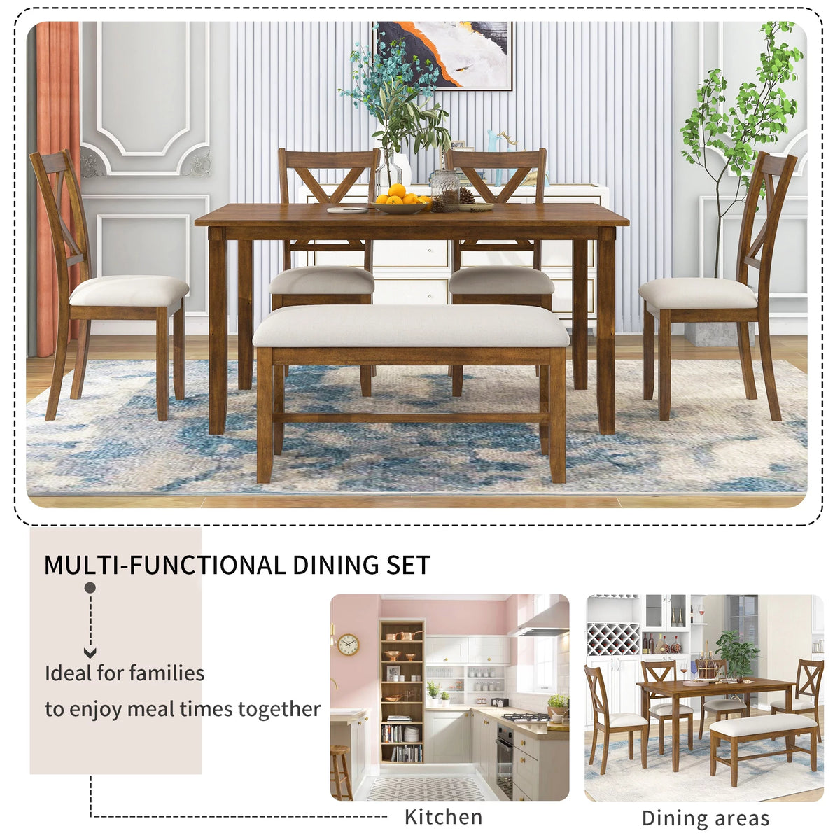 6-Piece Dining Table Set with 4 Upholstered Chairs and Bench Z405