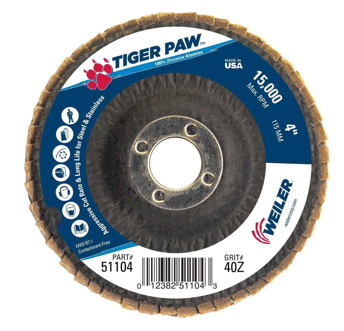 4 Tiger Paw Abrasive Flap Disc, Conical (Ty29), Phenolic Backing, 40Z, 5/8 Arbor Hole, Pack of 10 J35964