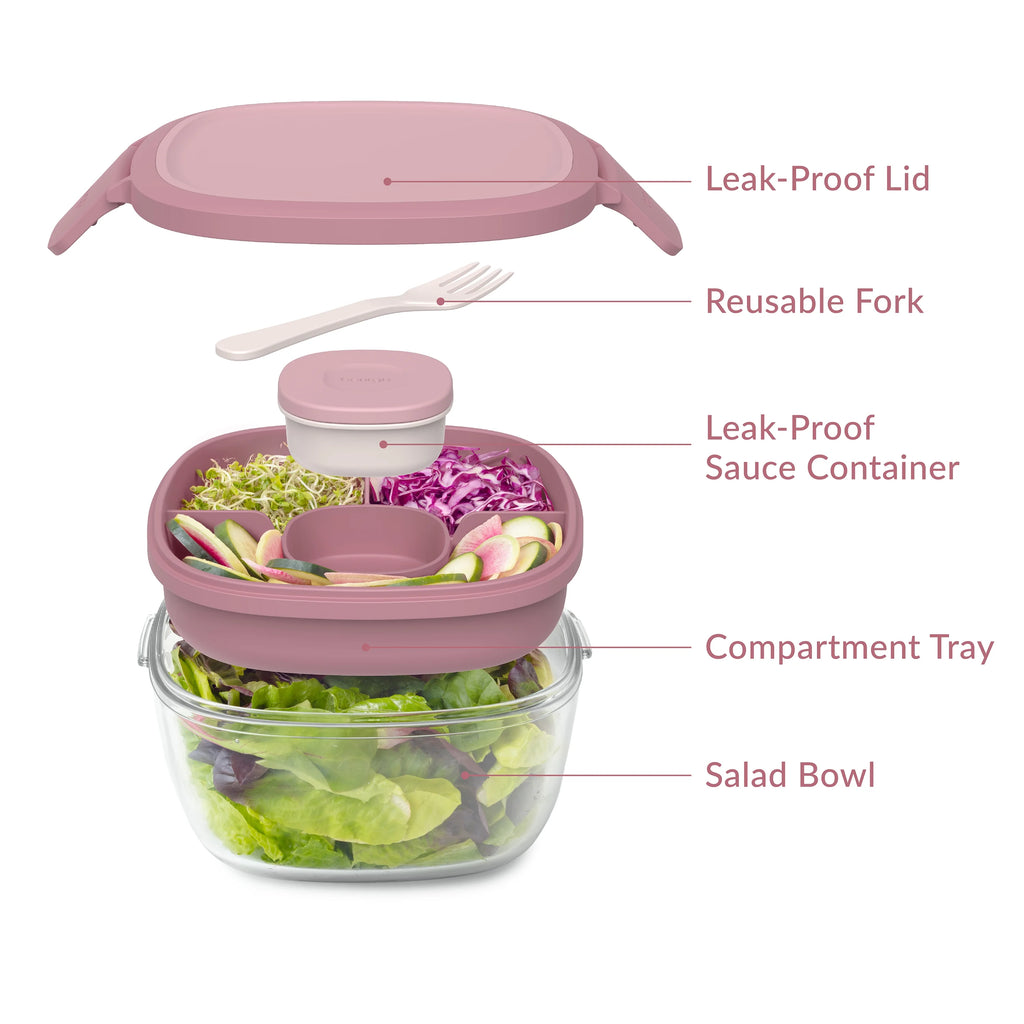 Leak-Proof Glass Salad Container with 61-oz Bowl, 4-Compartment Tray, 3-oz Sauce Container, and Reusable Fork (Dark Gray) Y726