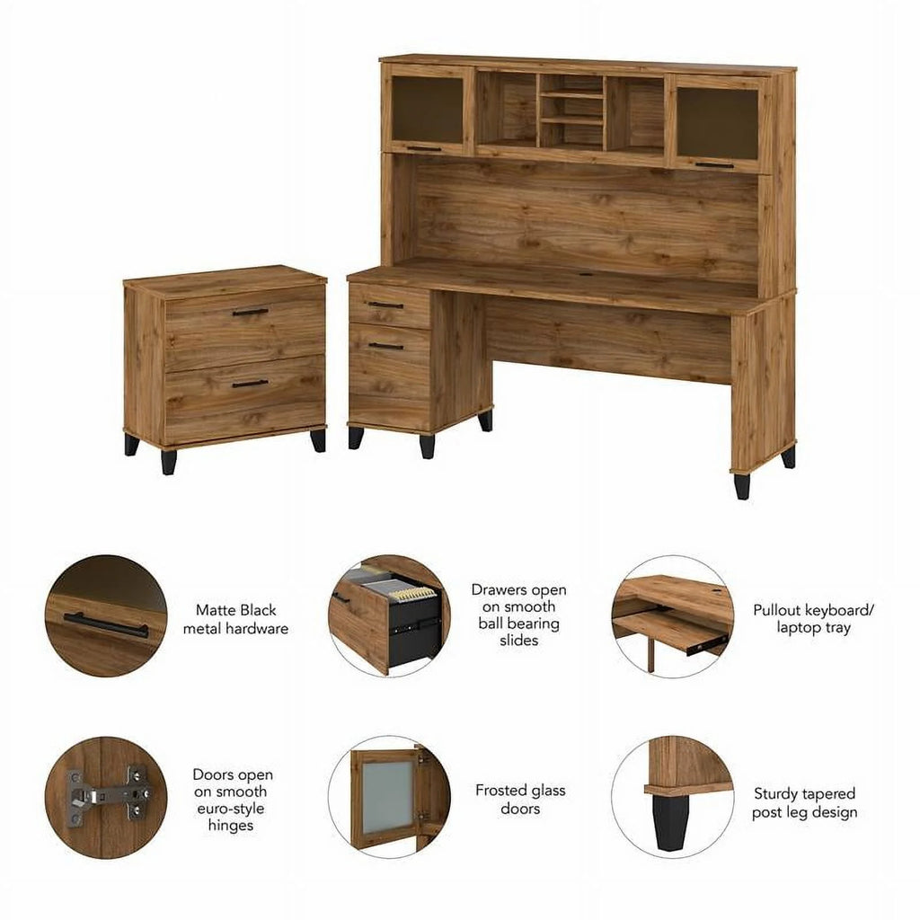 72W L Desk with Hutch and Bookcase in Fresh Walnut T50978