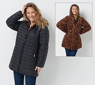 Reversible Faux Fur and Water Resistant Jacket, Size Medium, black/leopard D867