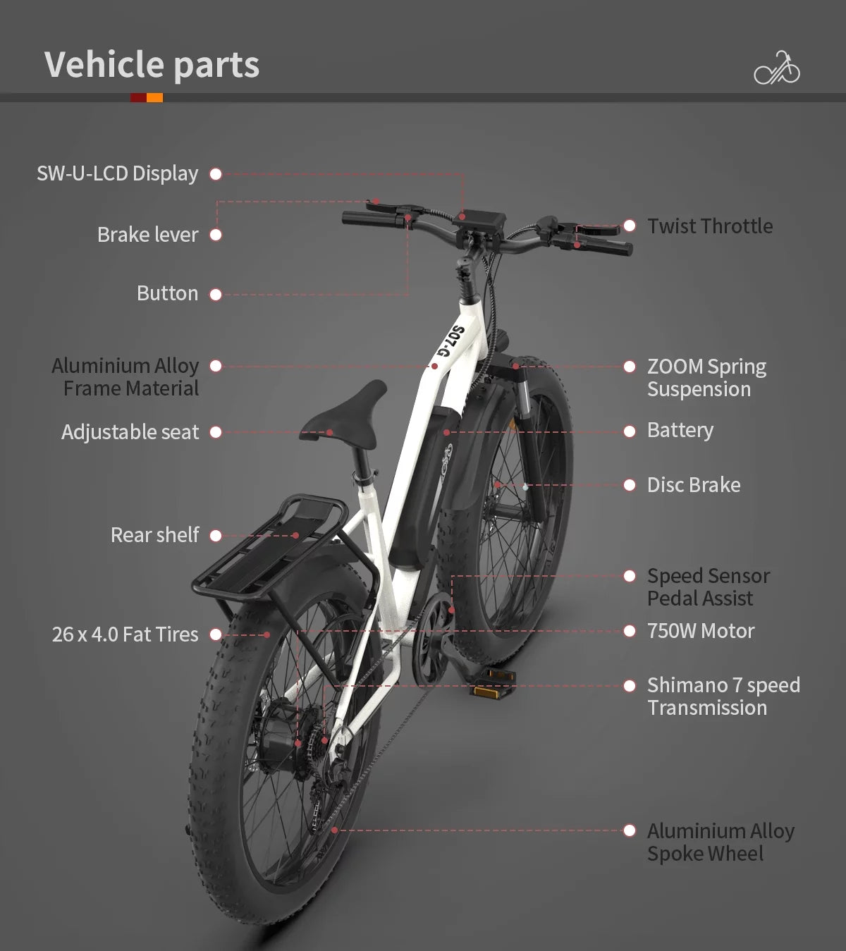 750W Electric Bike Fat Tire 48V 13AH Removable Lithium Battery White P6291