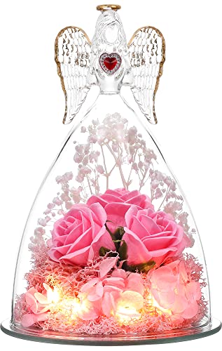 Preserved Flower Three Real Roses in Glass Angel Figurines Pink K466