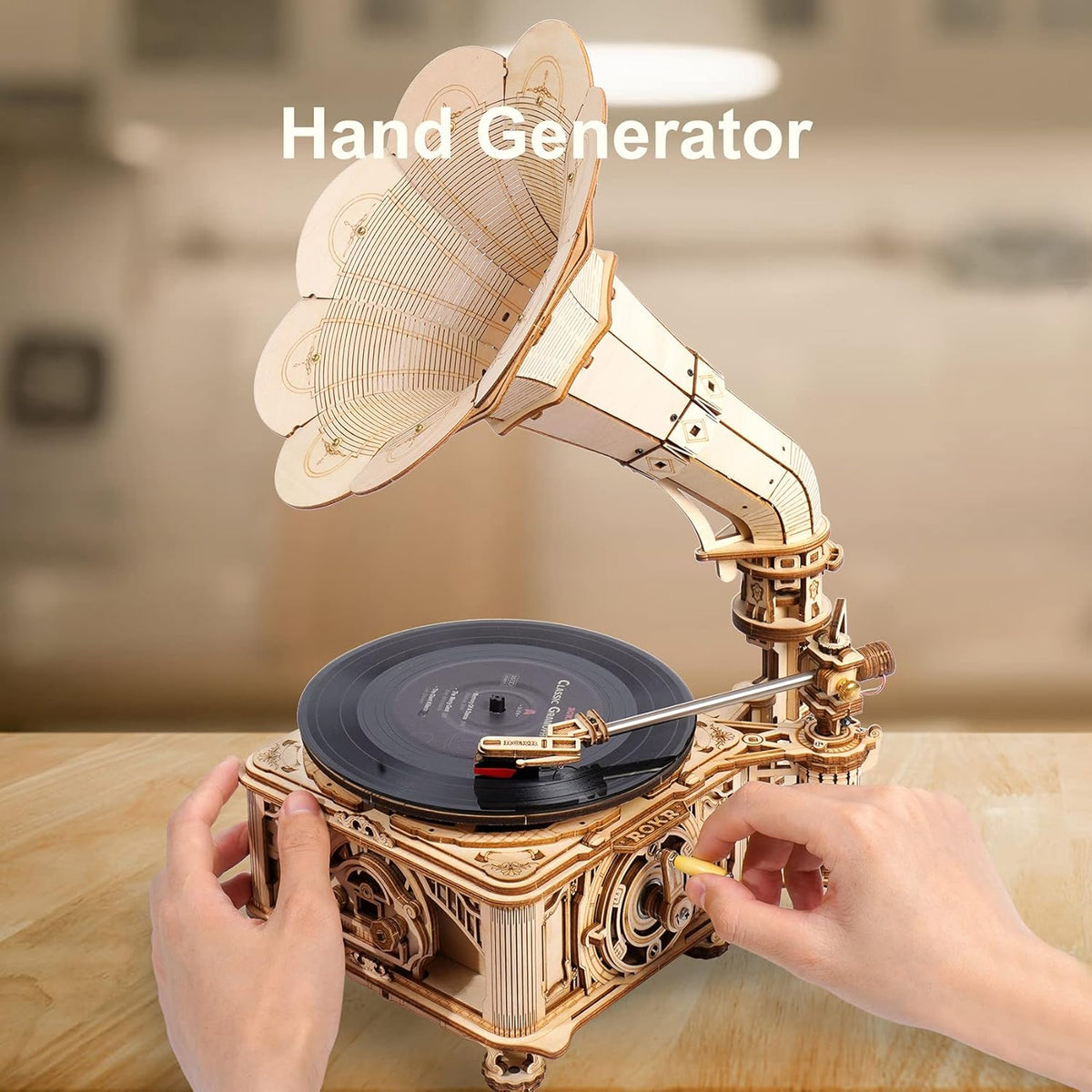 3D Wooden Puzzles Record Player DIY Mechanical Gramophone A1338