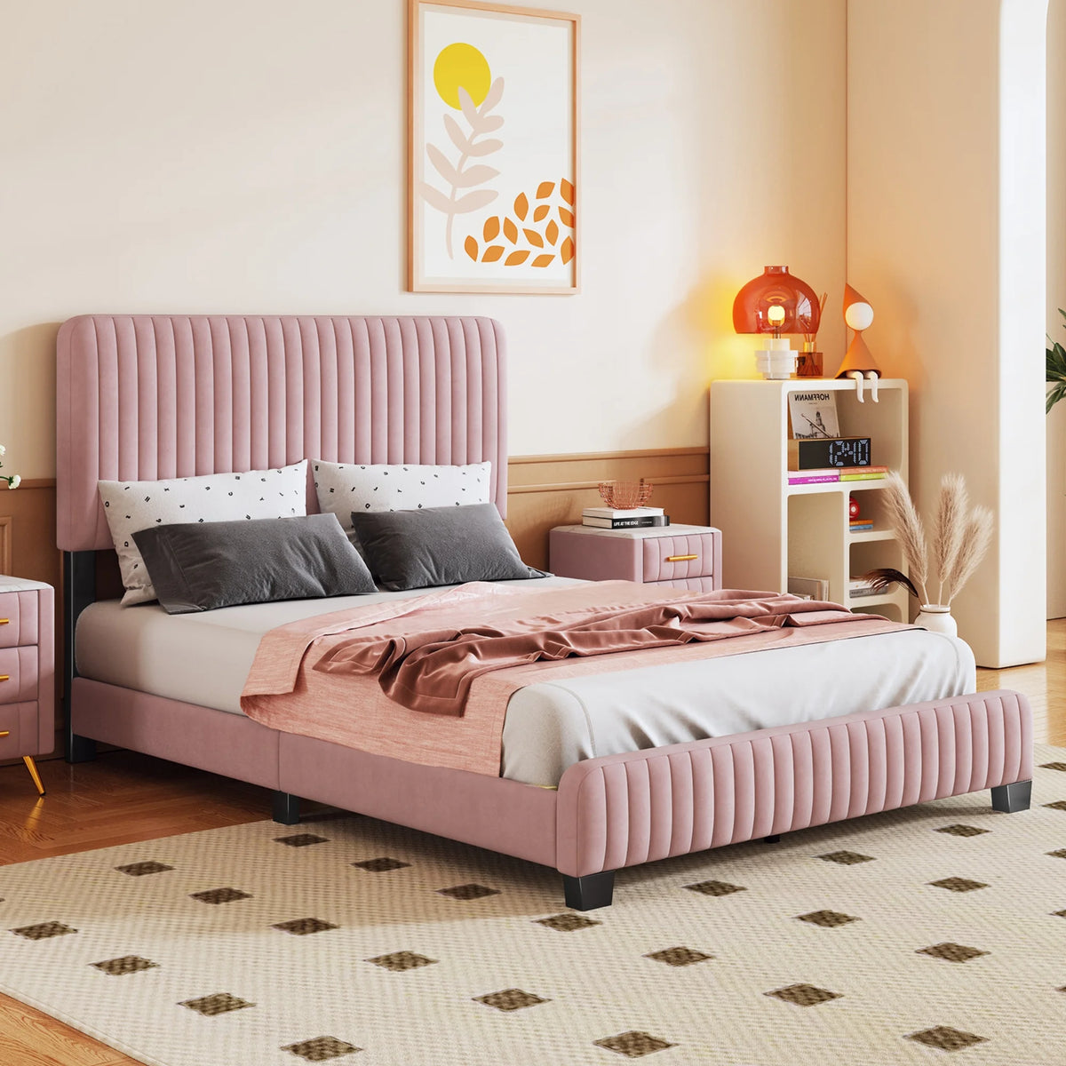 Pink Velvet Upholstered Platform Bed D579025