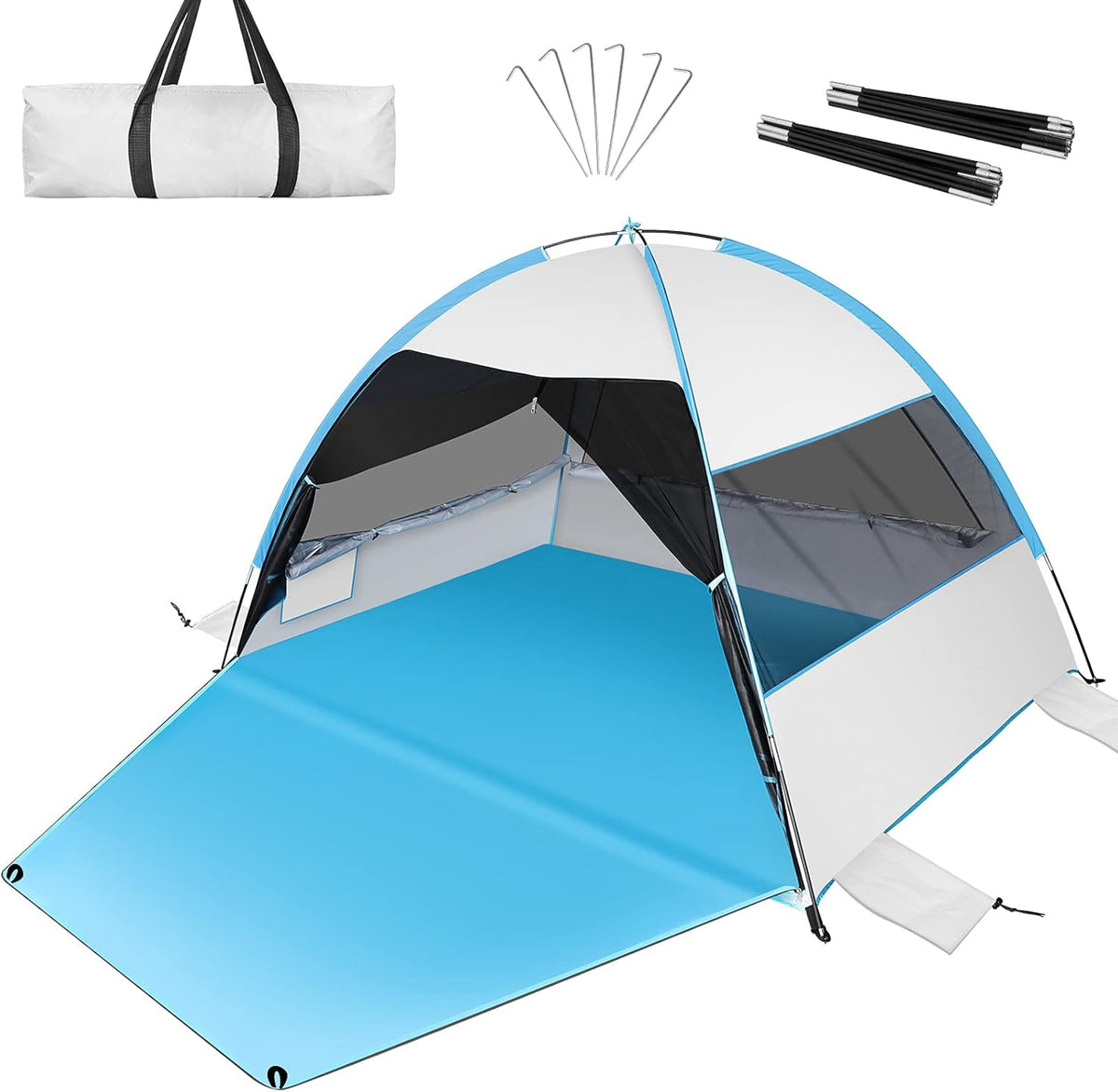 Blue Beach Tent with Extended Floor and 3 Mesh Roll Up Windows X535