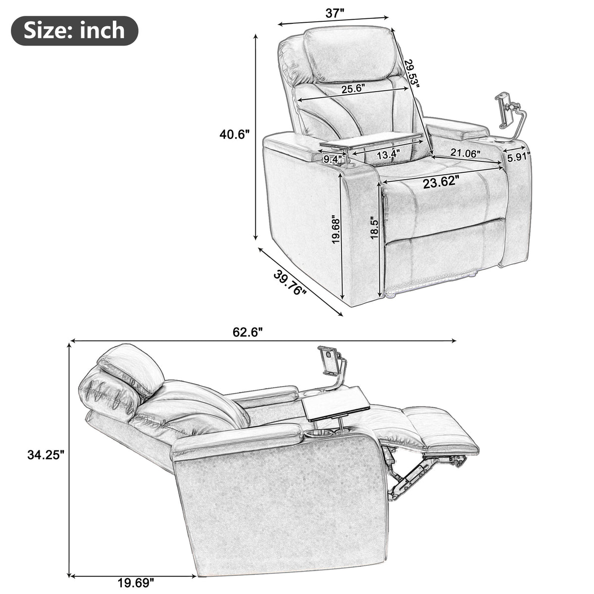 Power Motion Recliner with USB Charging Port and Hidden Arm Storage, 2 Cup Holders and 360° Swivel Tray Table Z483483