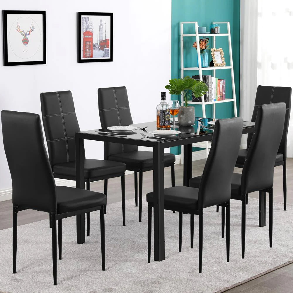 Black 7 Piece Glass Metal Dining Set K92412