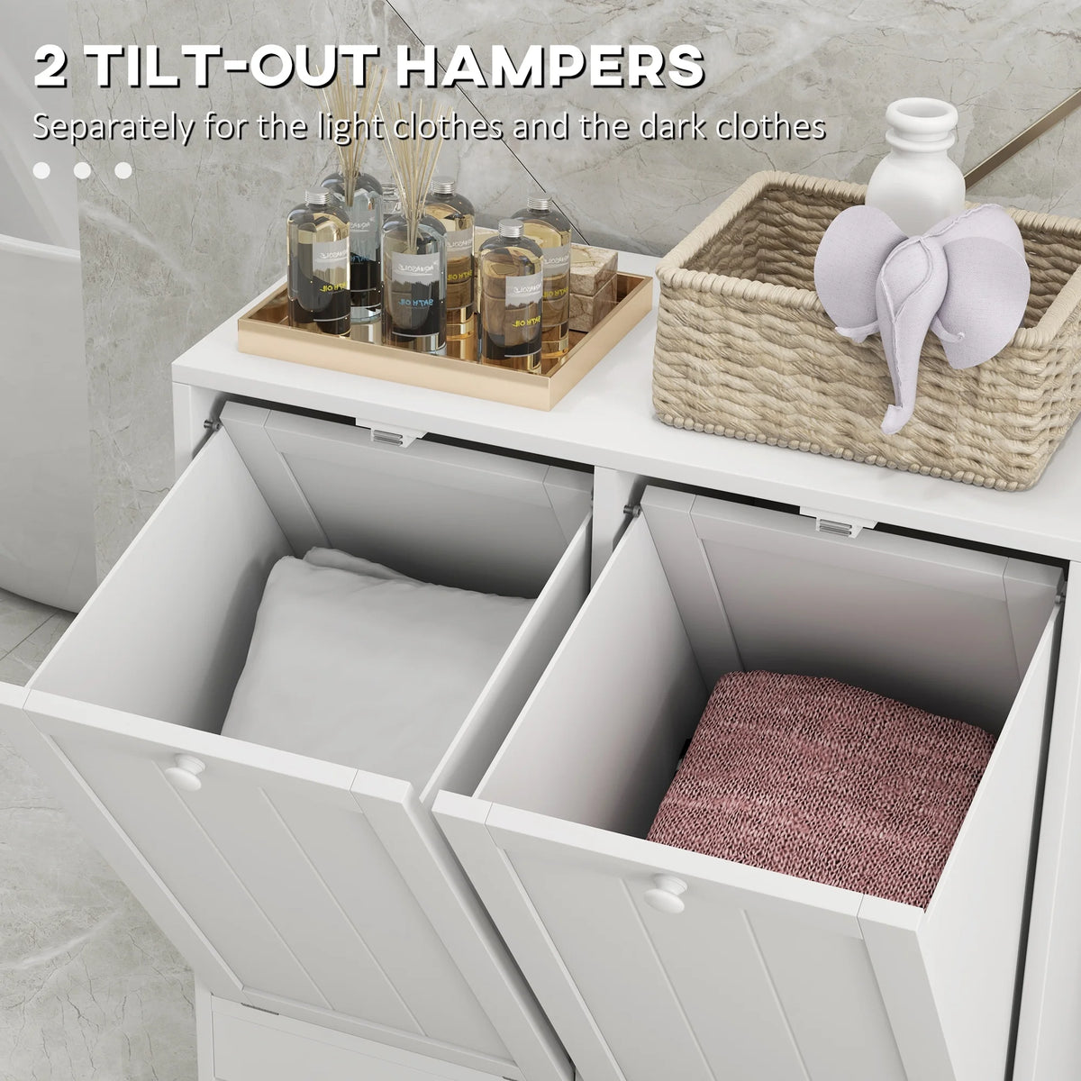 White Tilt-out Laundry Storage Cabinet with 2 Hamper Compartments Q730