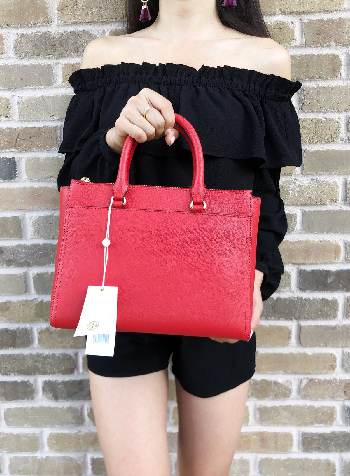 Small Double Zip Tote Satchel Crossbody Bag Poppy Orange Red X92151