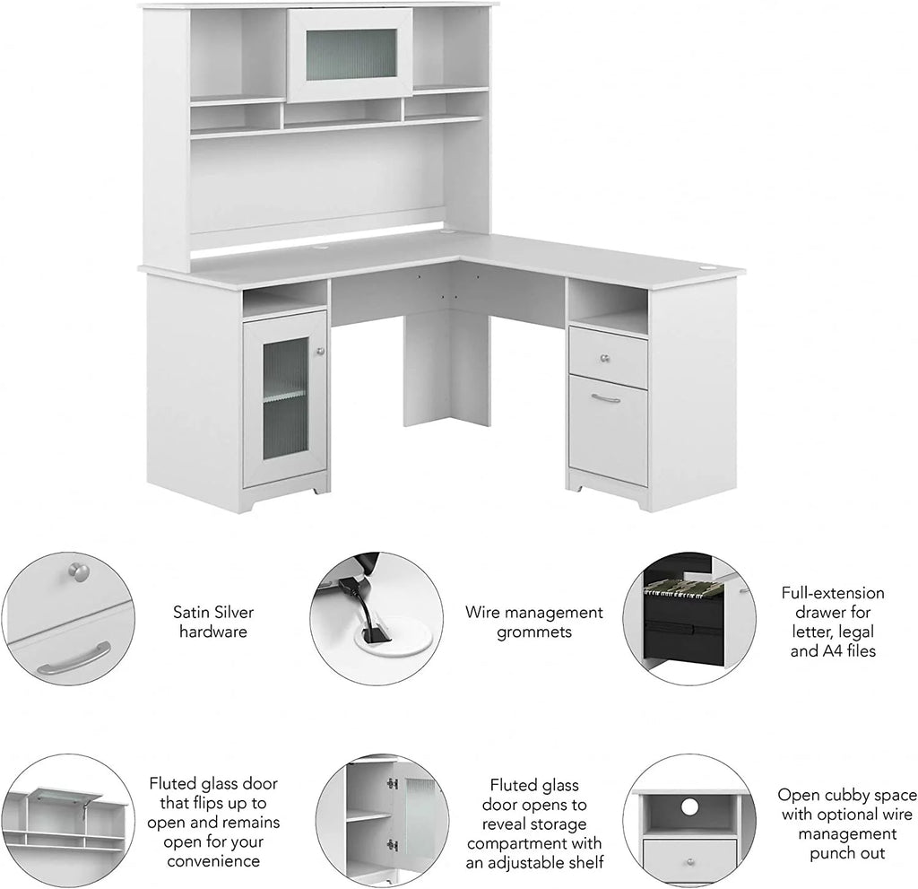 60W L Shaped Computer Desk with Hutch White V7204
