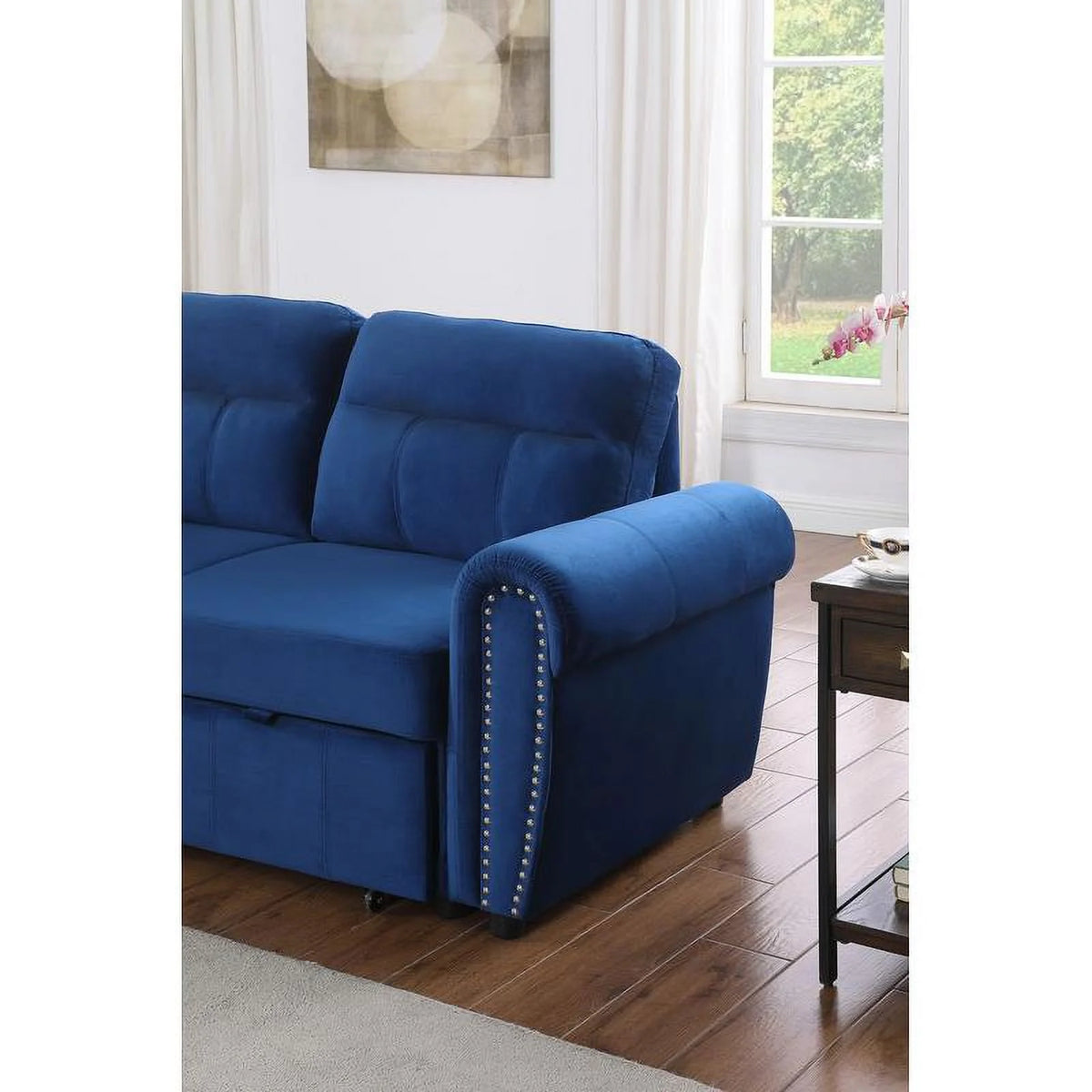 Blue Velvet Reversible Sleeper Sectional Sofa Chaise Q309044